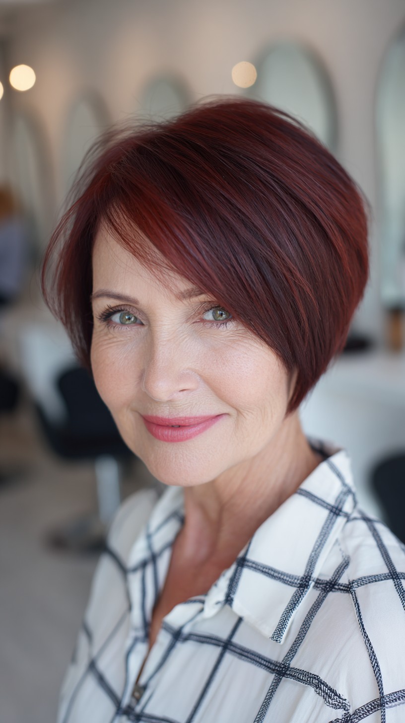 Rich Garnet Angled Short Bob with Side Sweep