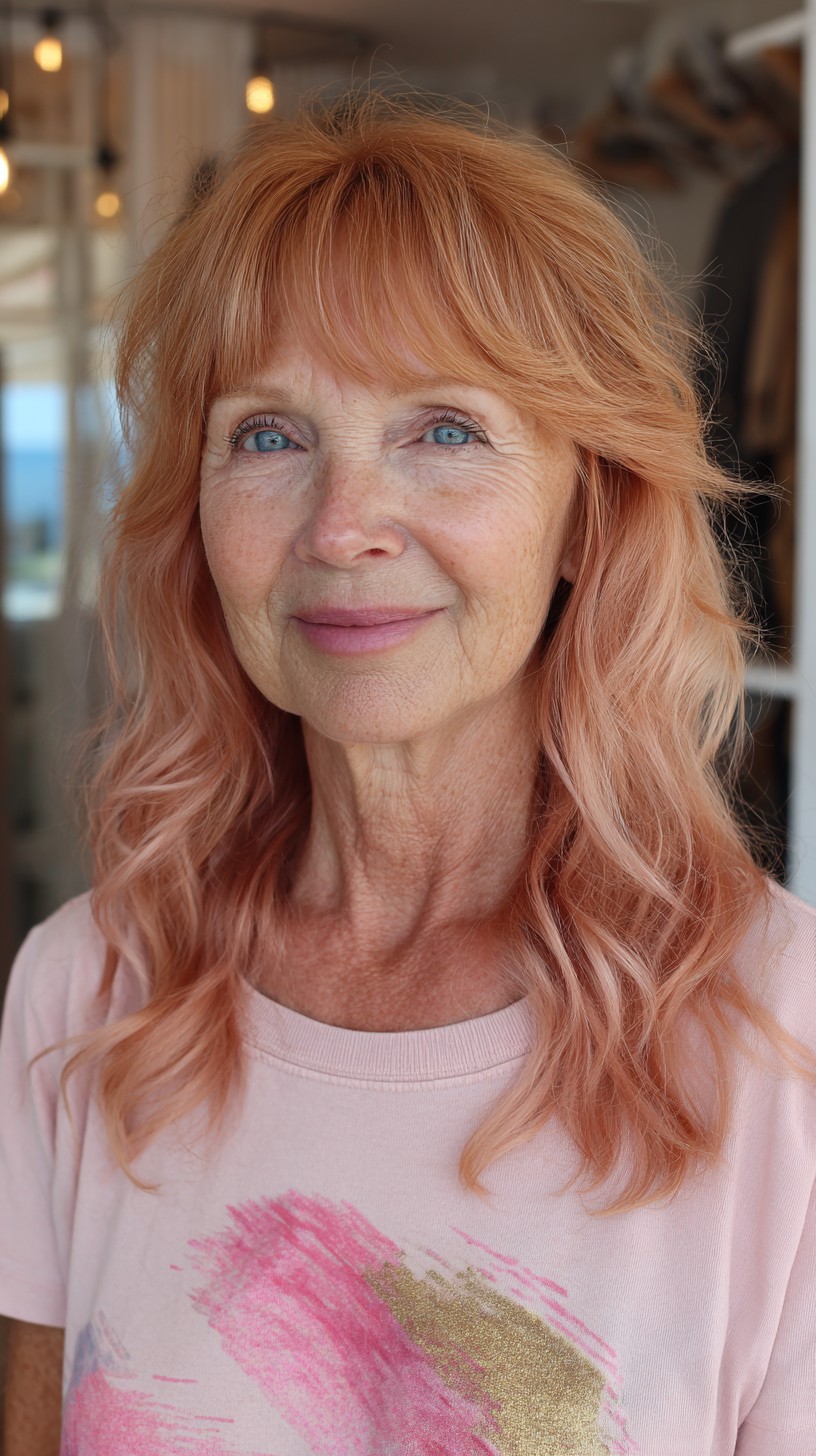 Rose-Gold Mid-Length Shag with Wispy Fringe and Face-Framing Waves