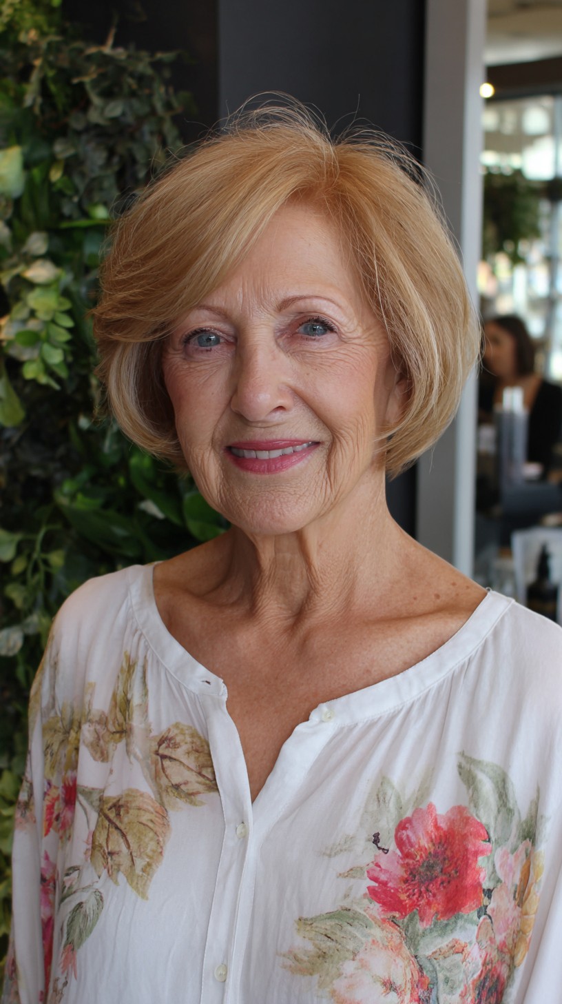 Rounded Blonde Stacked Short Bob with Lifted Crown and Soft Face‑Framing