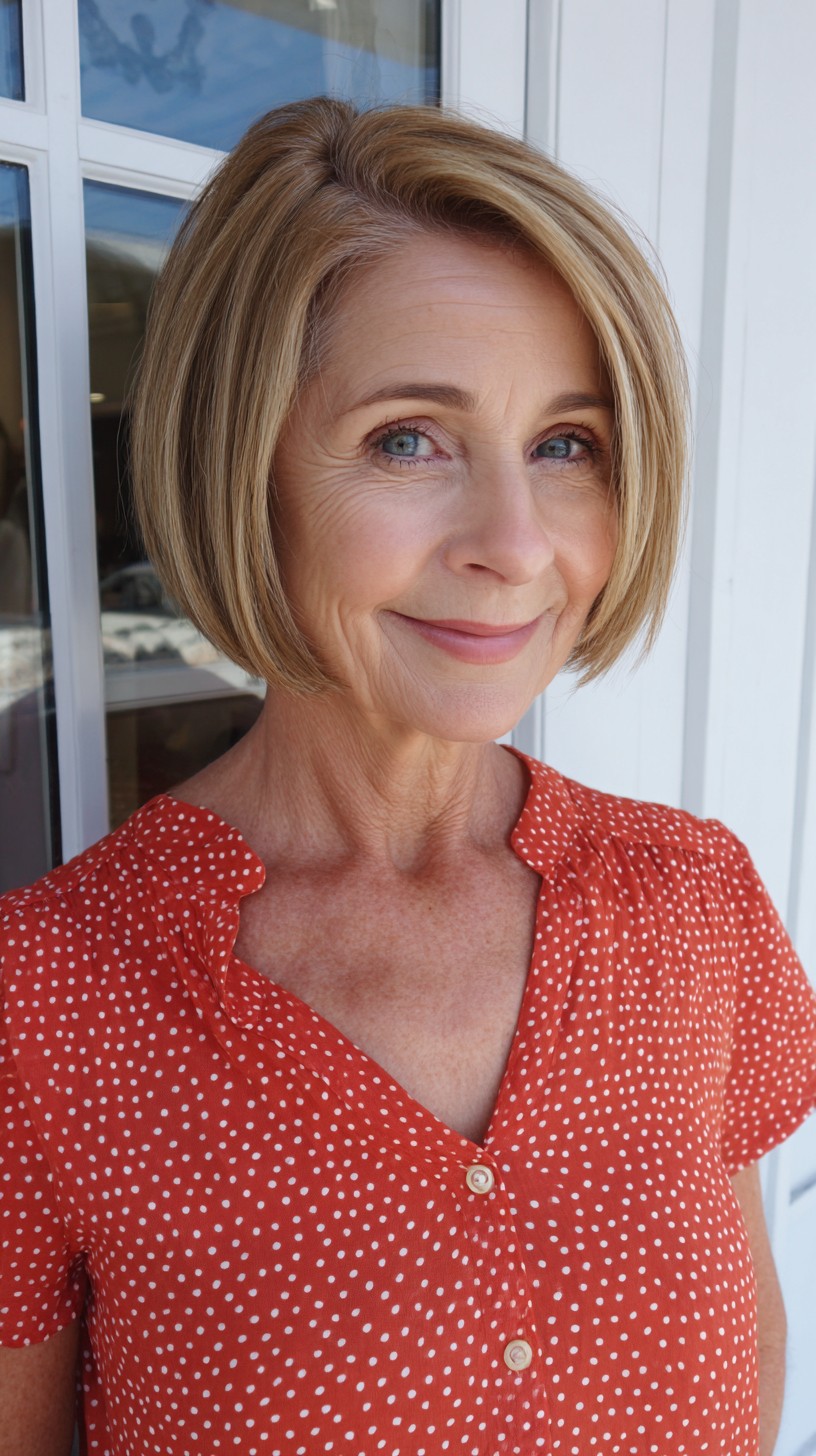 Rounded Chin-Grazing Bob with Root-Softened Side Part and Lift