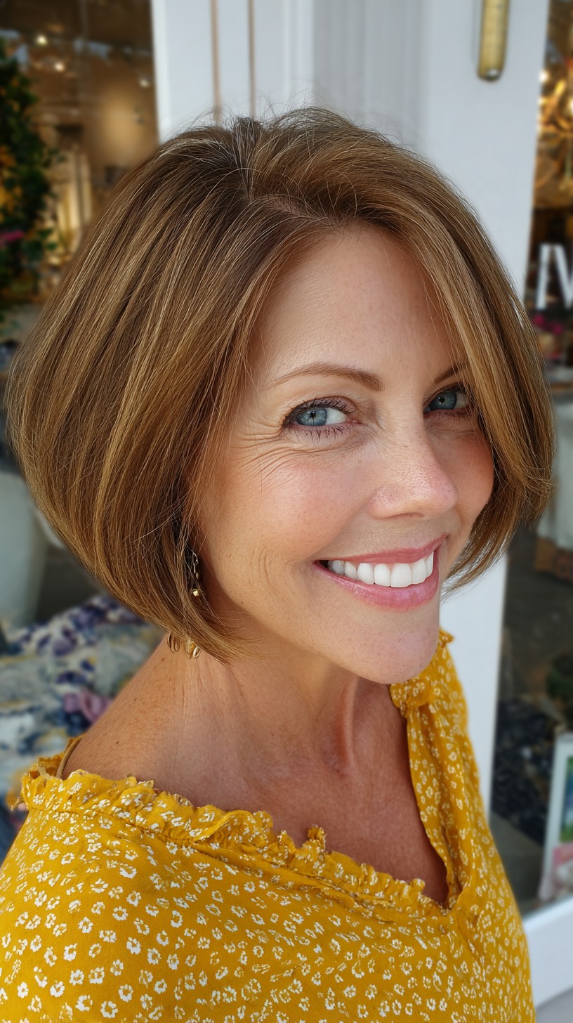 Rounded Graduated Chin-Length Bob with Side-Swept Bevel