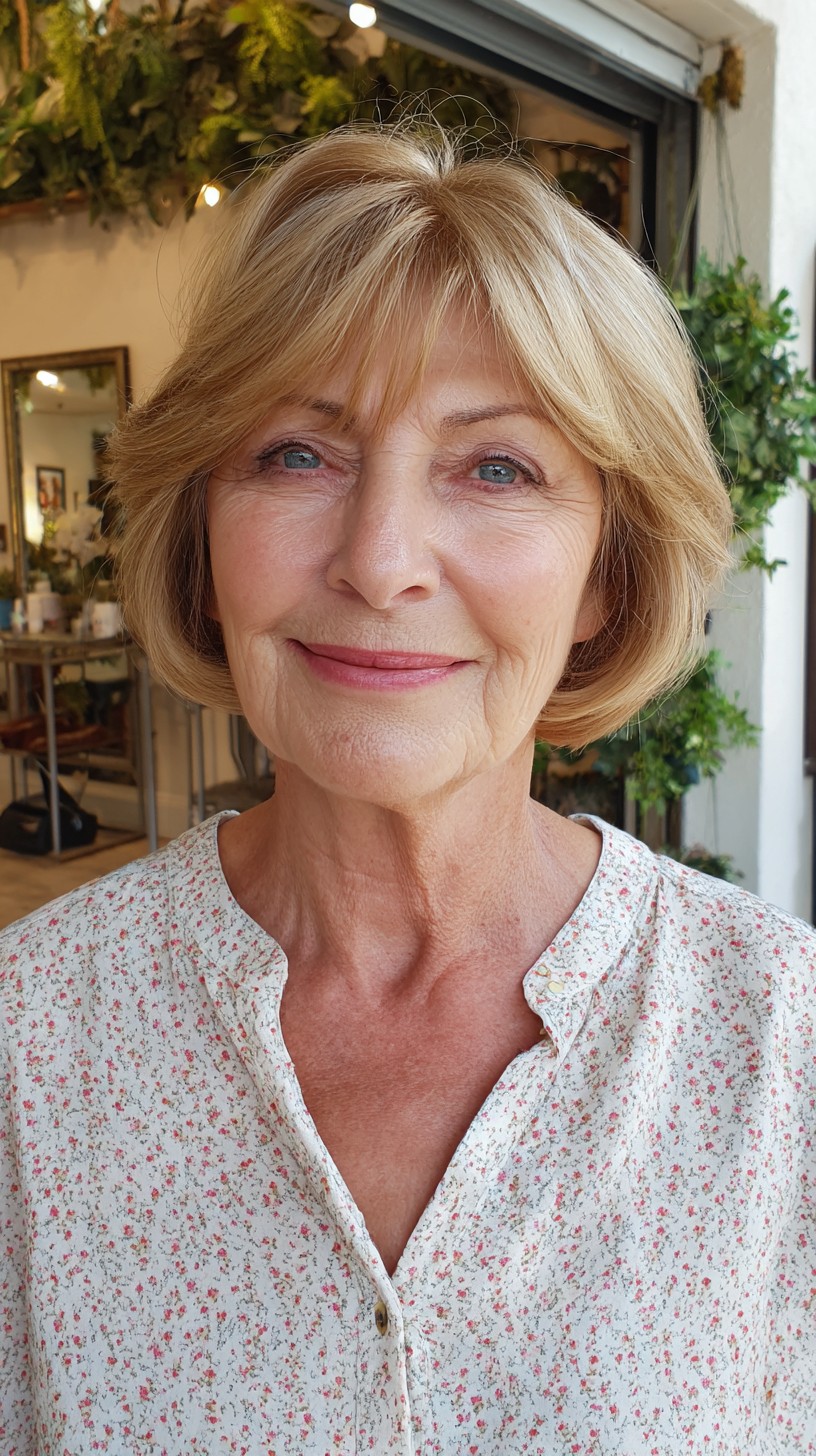 Rounded Short Layered Bob with Curtain Fringe and Root Shadow