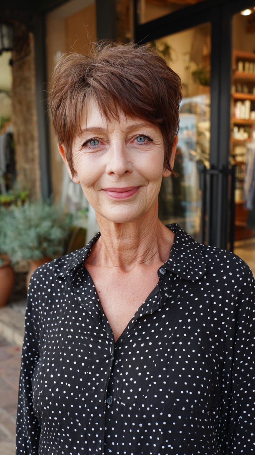 Soft Chestnut Pixie with Feathered Crown and Ear-Grazing Sideburns