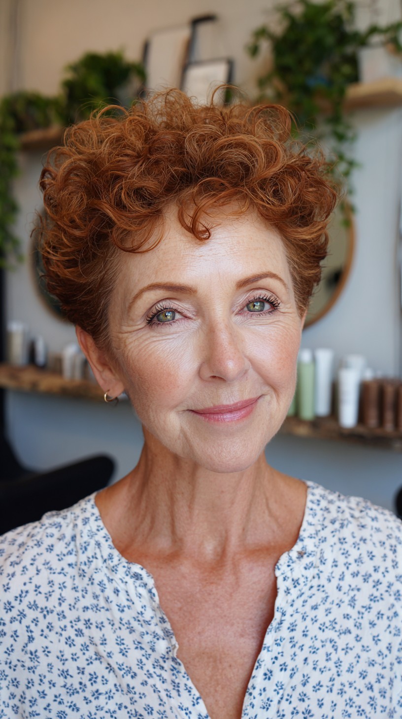 Short Curly Copper Pixie with Tapered Sides and Layered Crown