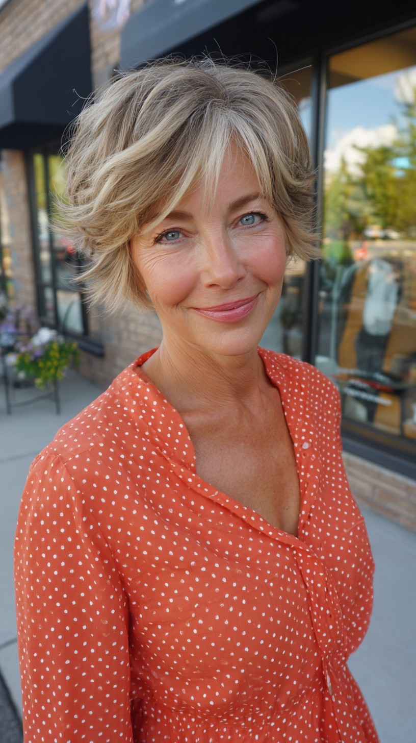 Short Feathered Blonde Pixie with Face-Framing Silver Streak
