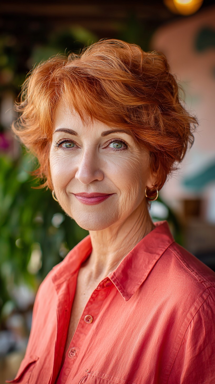 Short Layered Copper Pixie with Feathered Fringe