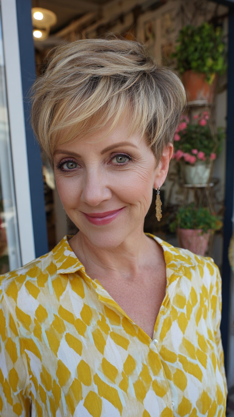 Short Layered Pixie with Side-Swept Feathered Fringe