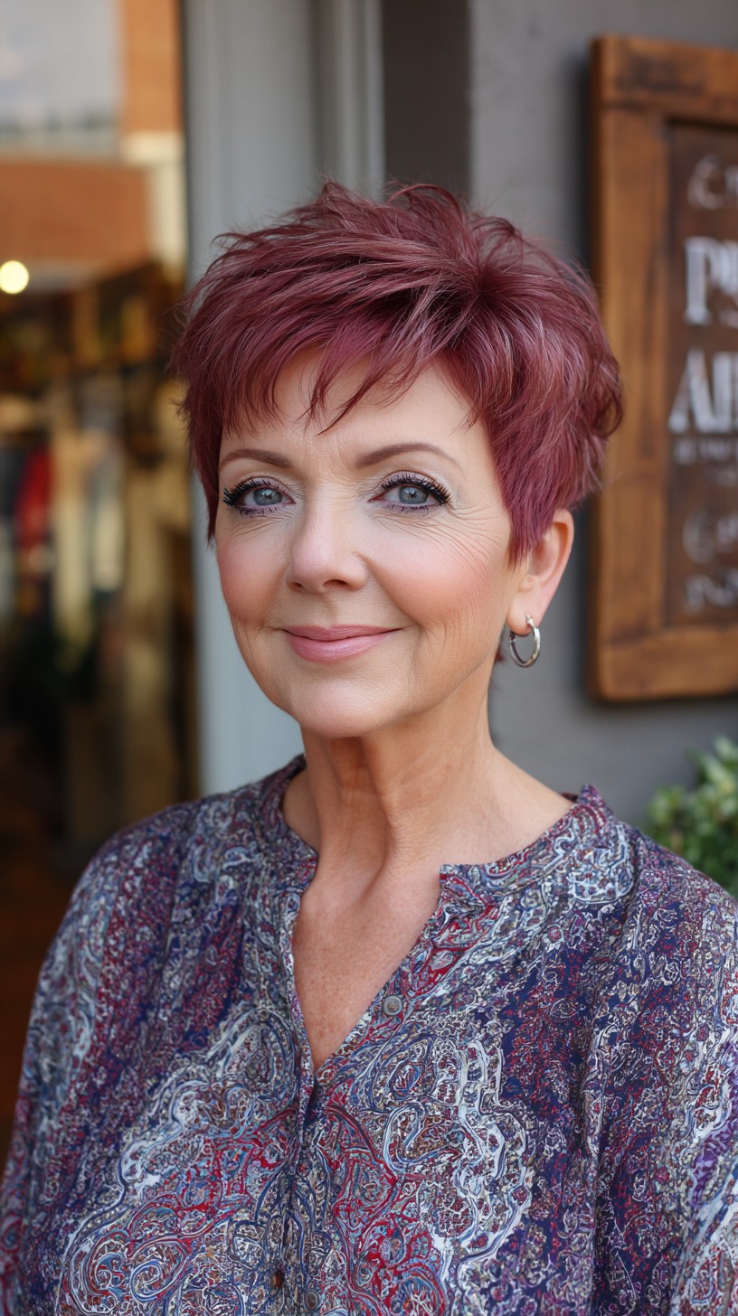 Short Textured Rose-Burgundy Pixie with Feathered Crown