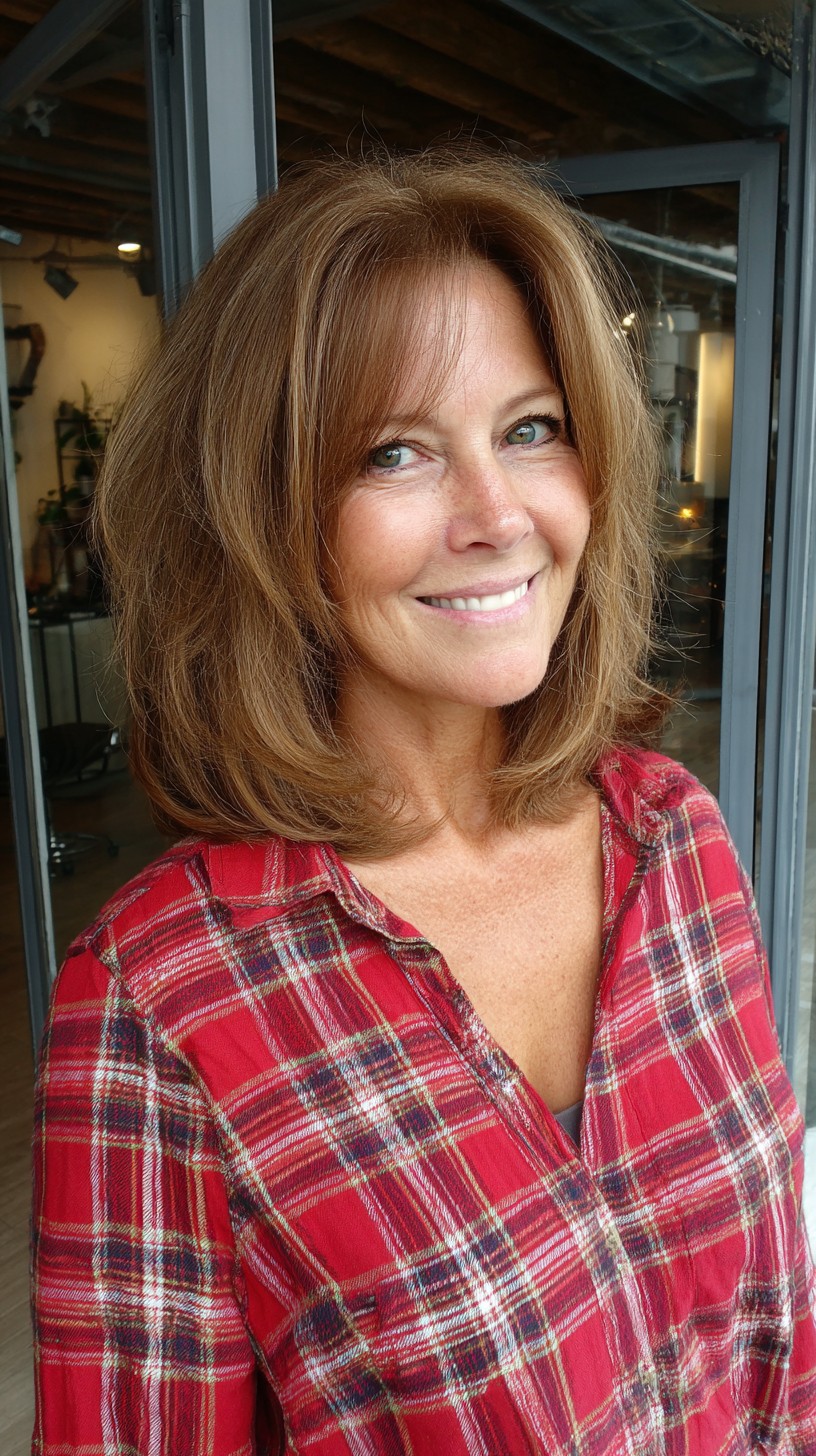 Shoulder-Length Rounded Blowout with Wispy Curtain Fringe