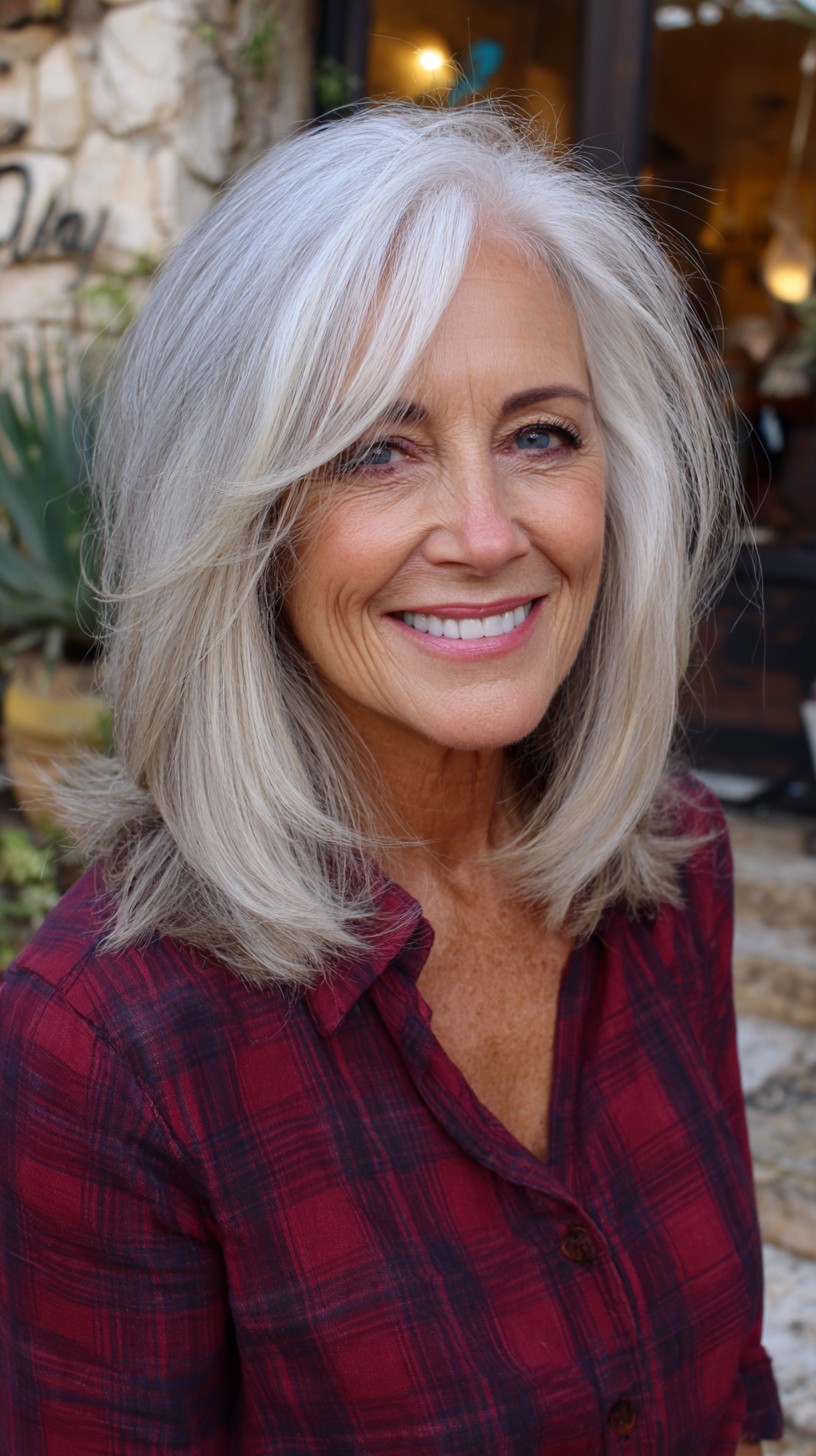 Silver Face-Framing Mid-Length Flip with Curtain Fringe