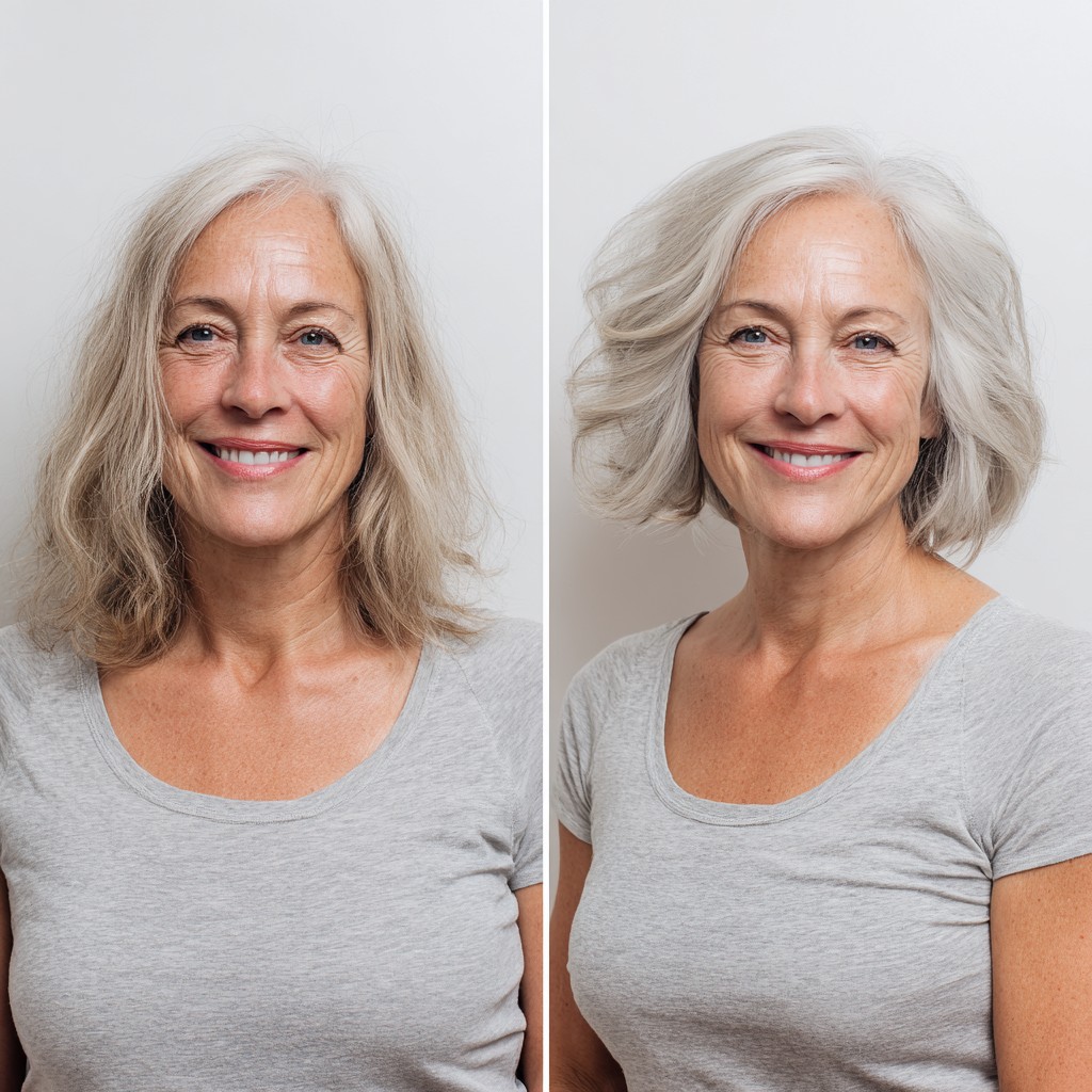 Silver Layered Chin-Length Bob with Root-Forward Part and Airy Flip