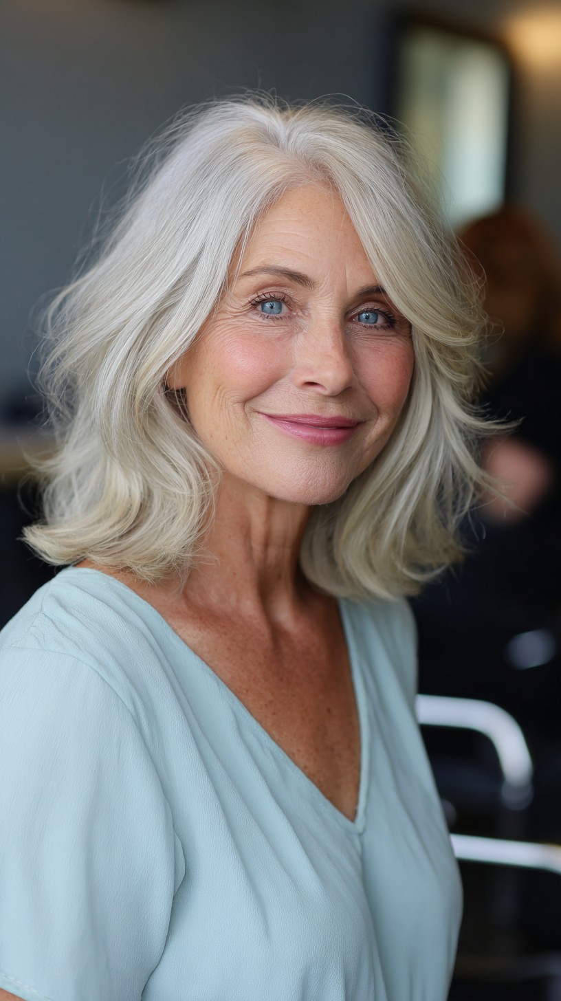 Silver Shoulder-Grazing Layered Lob with Subtle Root Shadow and Curtain Part
