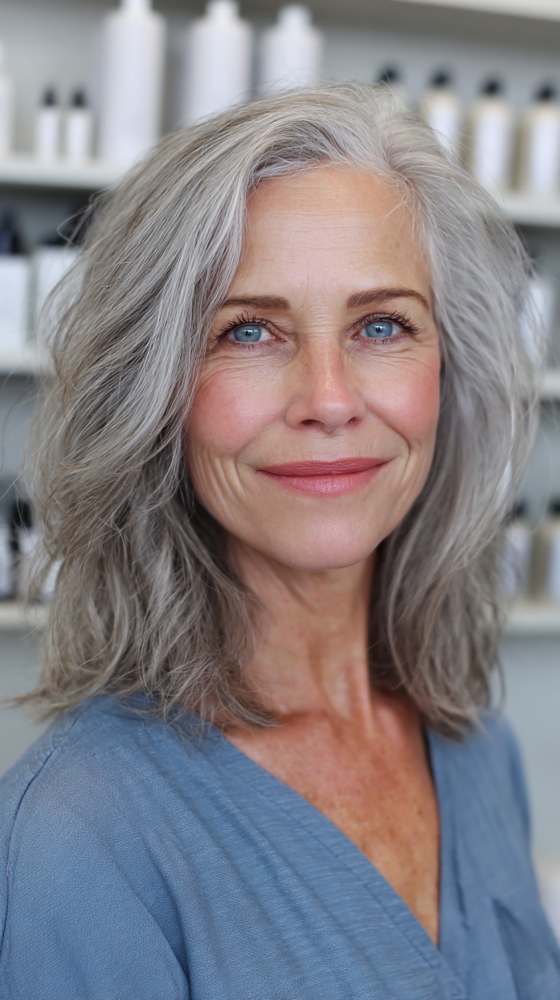 Silver Shoulder-Length Layered Lob with Off-Center Part