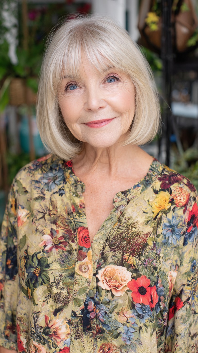 Silvery Blunt Chin-Length Bob with Wispy Curtain Bangs and Tucked-In Ends