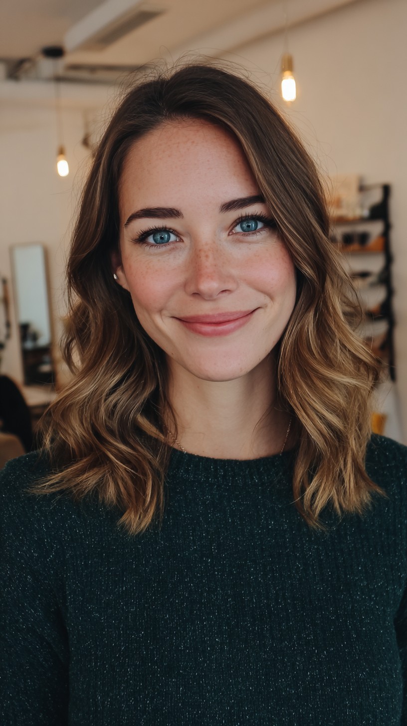 Soft Brunette Clavicle Lob with Warm Balayage and Lightweight Face-Framing