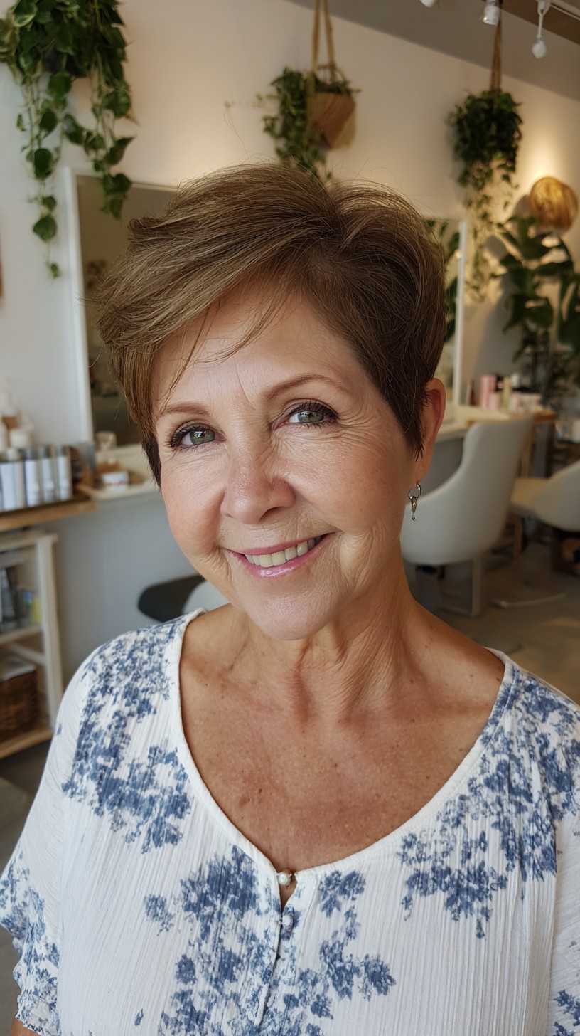 Soft Brunette Pixie with Lifted Crown and Side-Swept Fringe