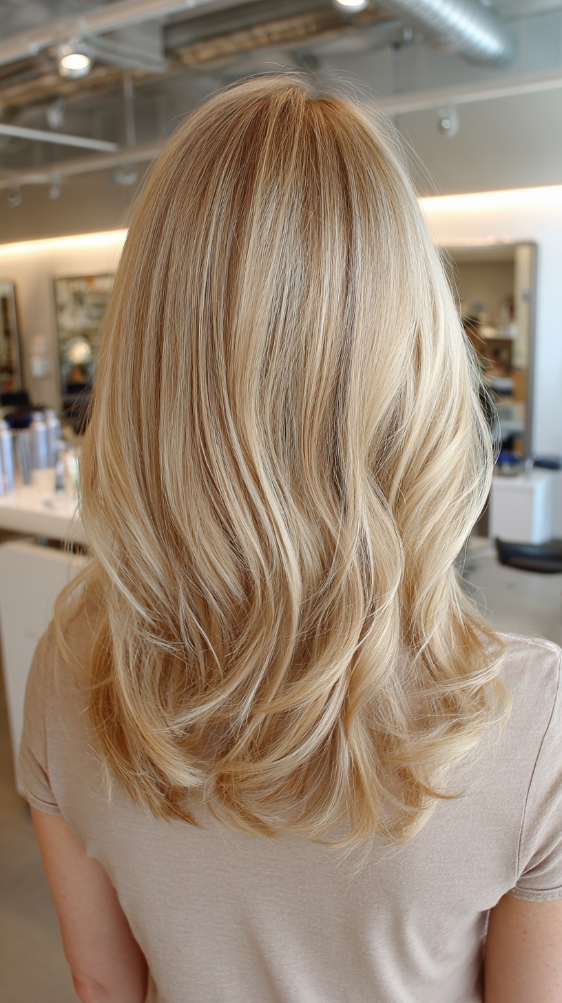 Soft Brushed Blonde Mid-Length Layers with Root Depth