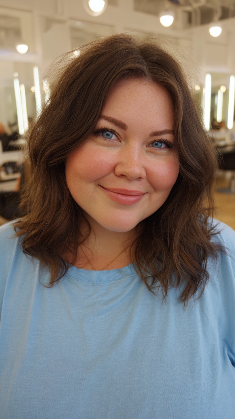 Soft Brushed Brunette Shoulder-Grazing Lob with Curtain Part