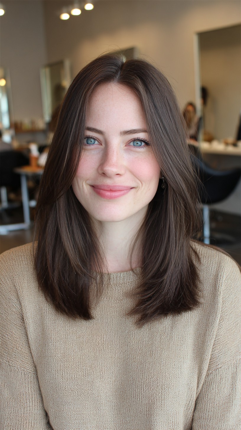 Soft Center-Parted Brunette Lob with Feathered Ends