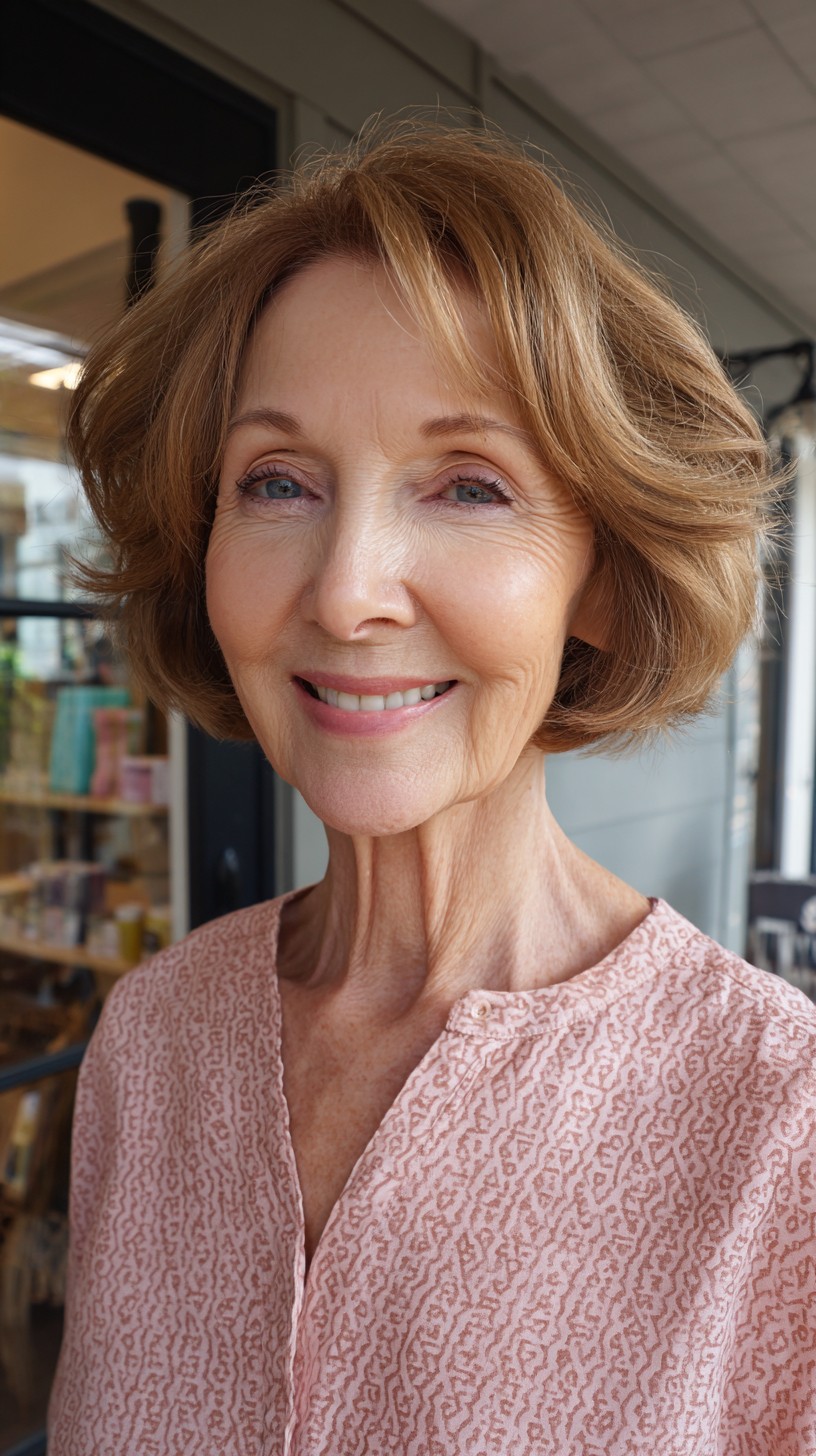 Soft Chestnut Layered Short Bob with Textured Crown and Curtain Fringe