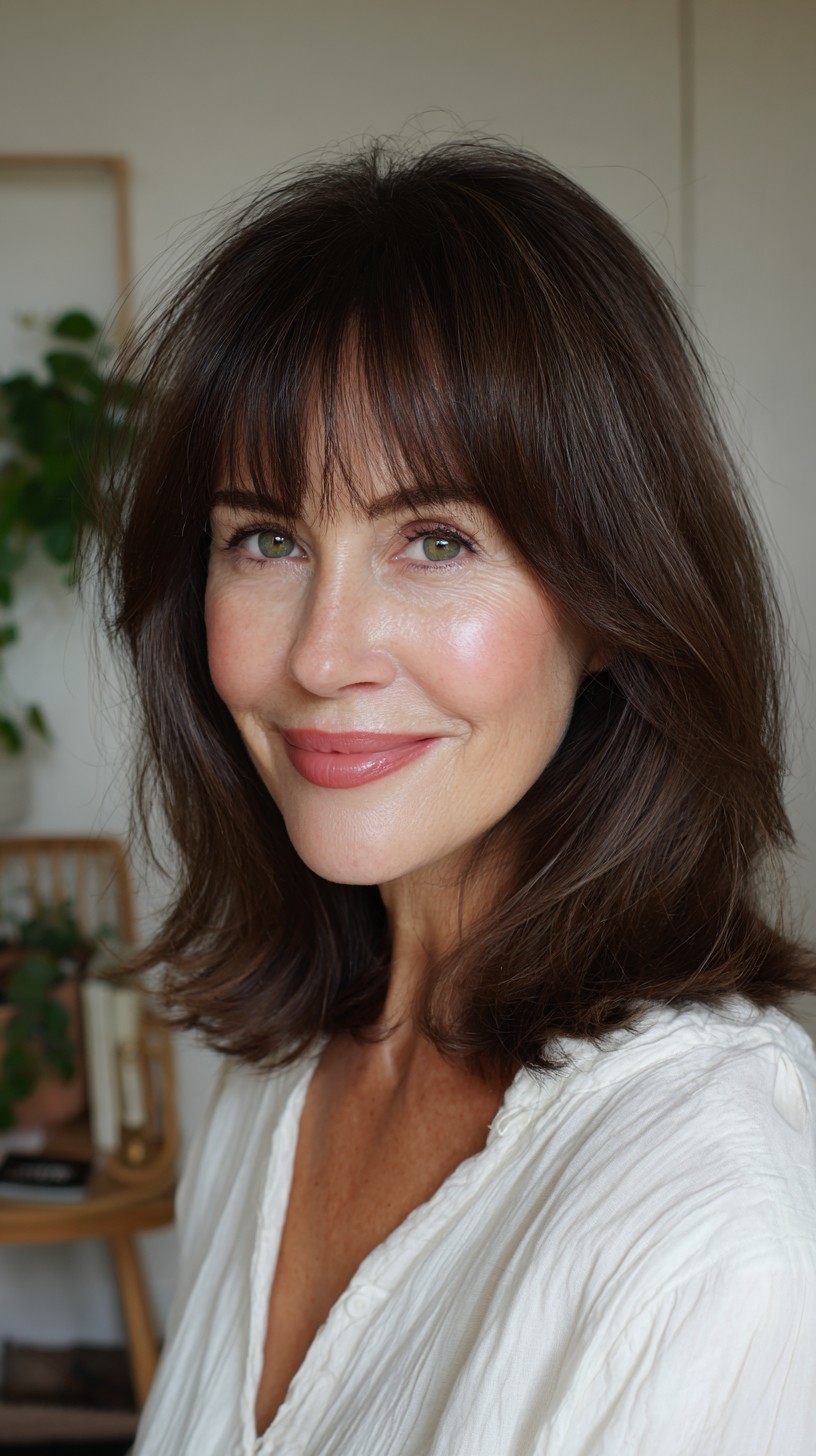 Soft Chestnut Shoulder-Length Lob with Micro Fringe and Face-Framing Layers