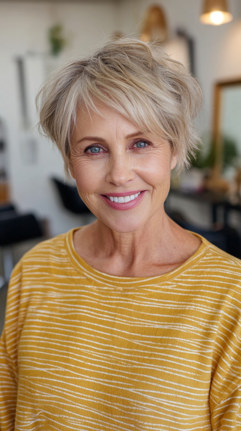 Soft Choppy Ash Blonde Pixie with Face-Framing Fringe