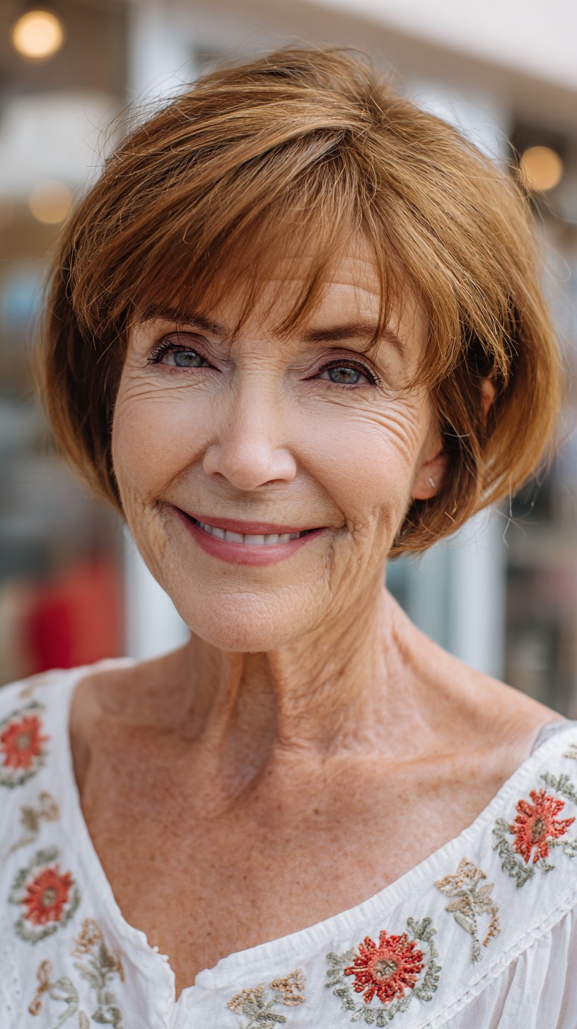 Soft Copper Stacked Short Bob with Sheer Wispy Fringe