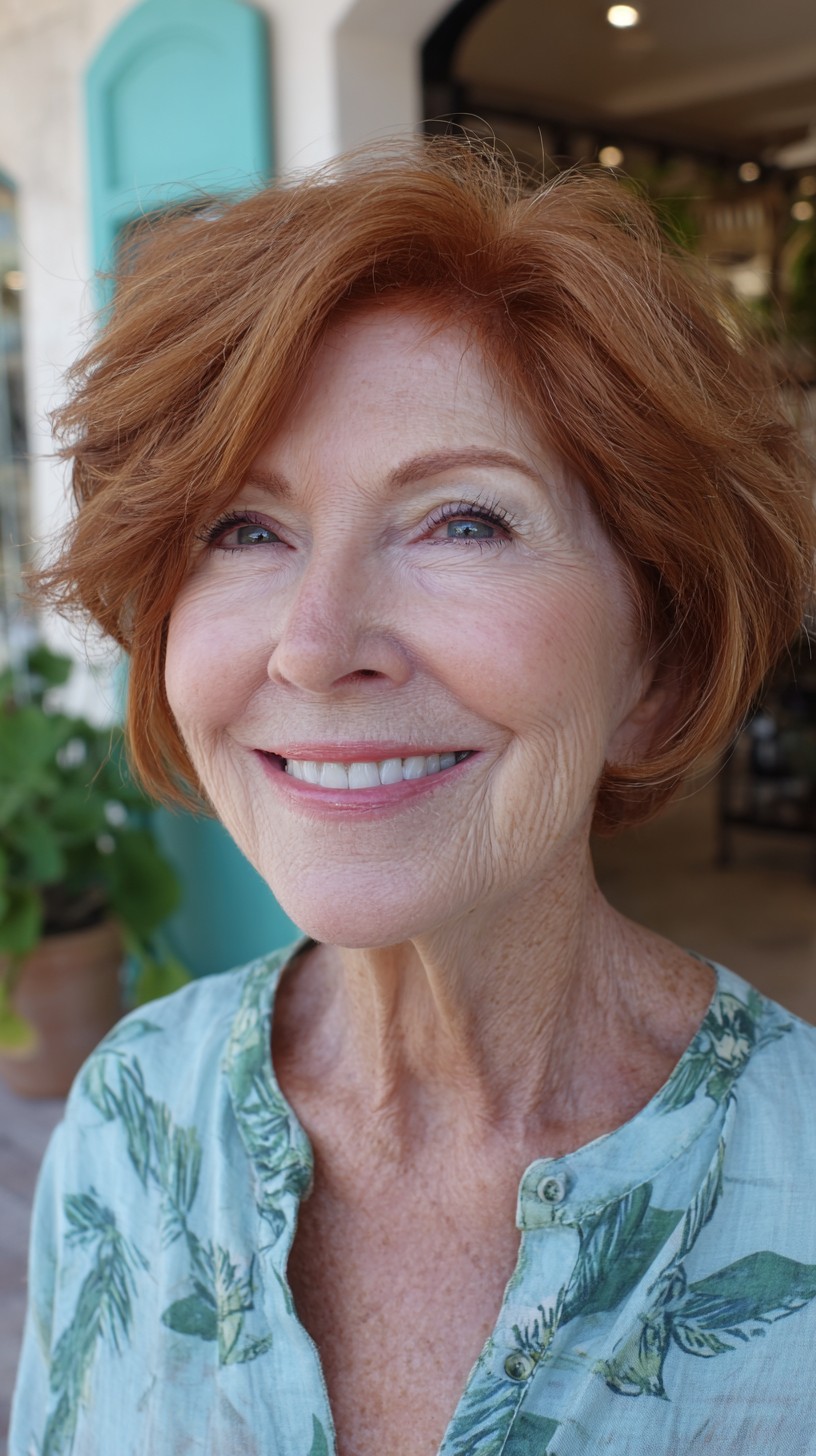 Soft Copper Textured Short Stacked Bob with Side-Swept Lift