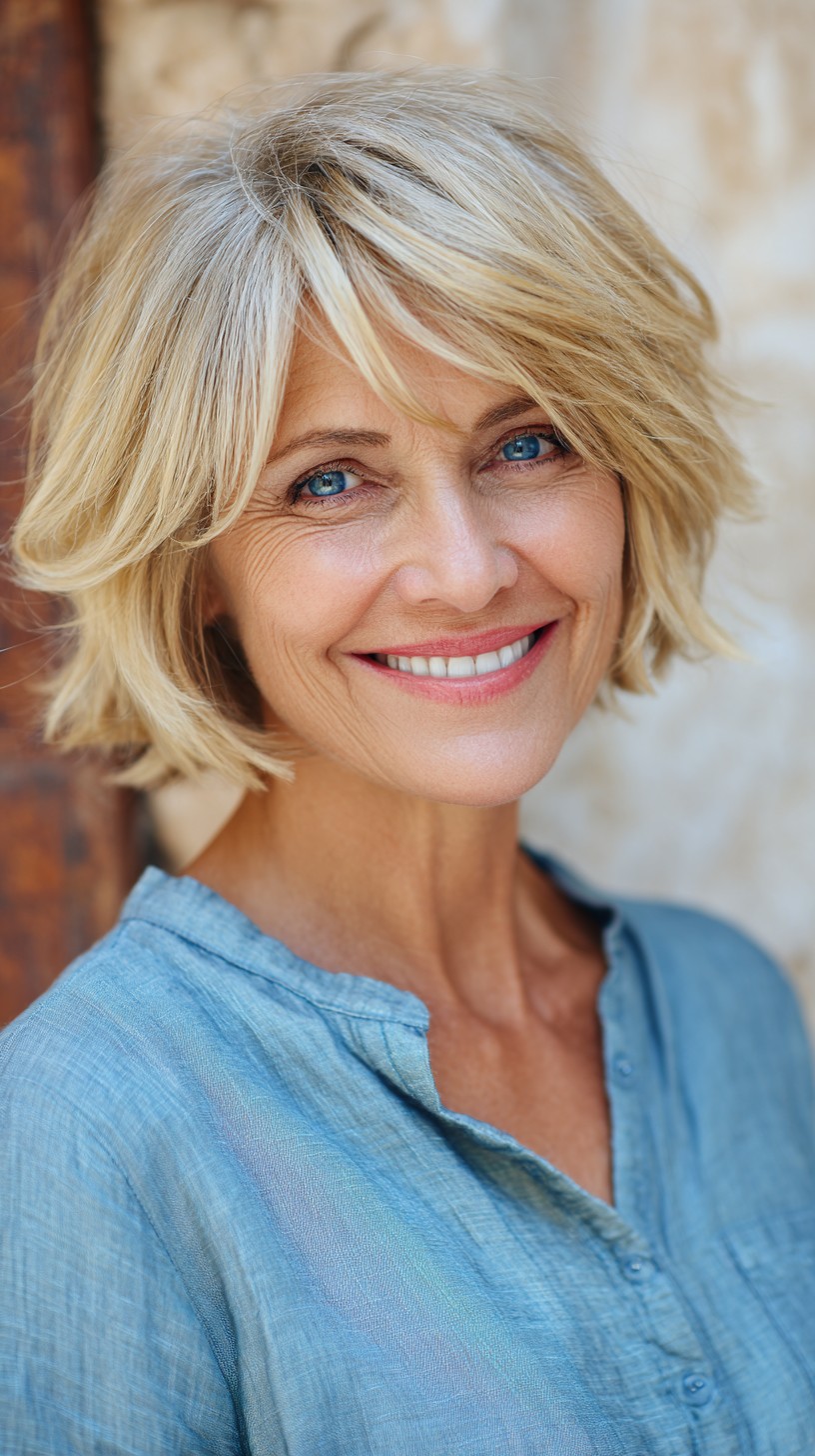 Soft Layered Blonde Chin-Length Bob with Curtain Fringe