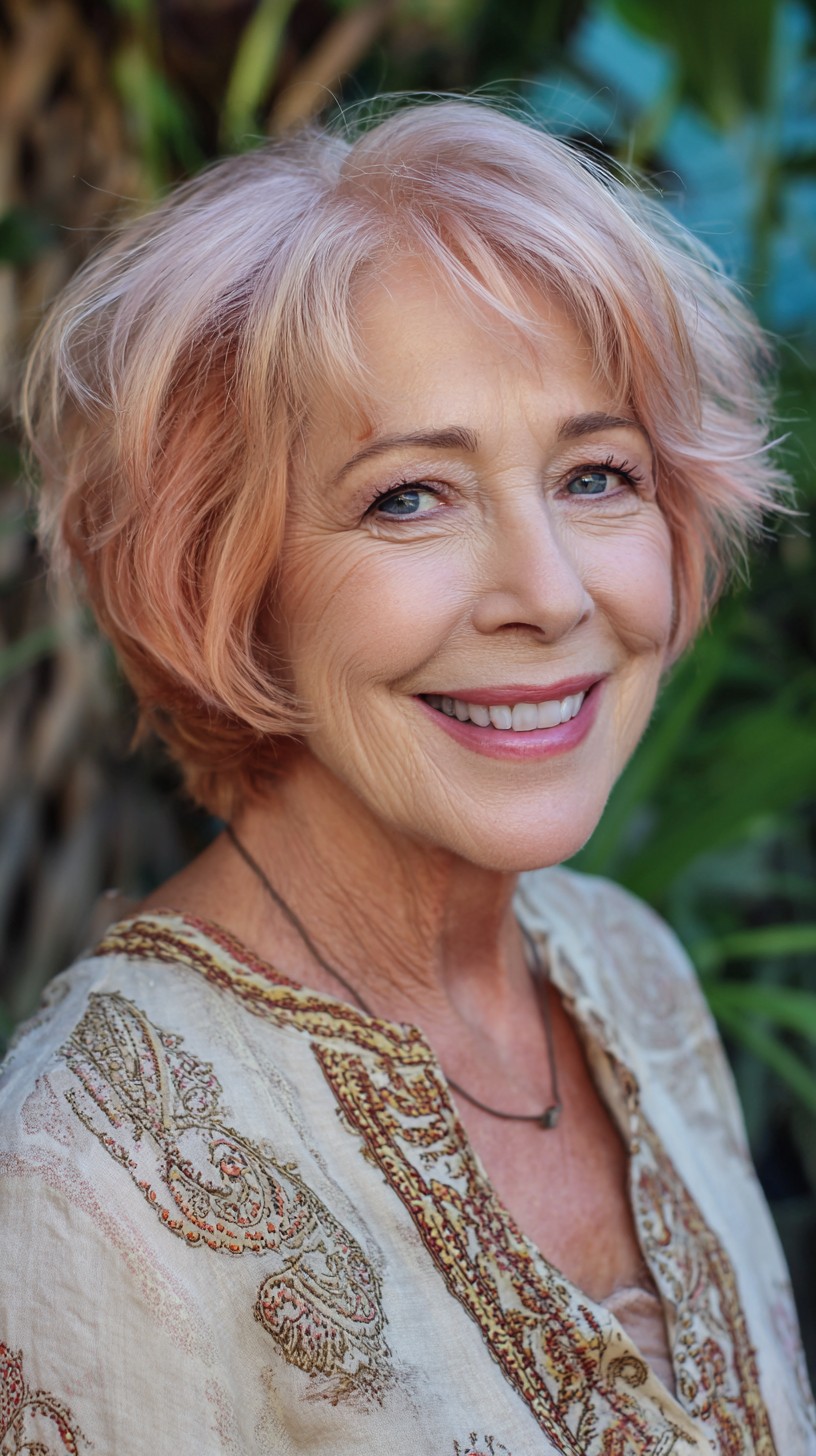 Soft Rose-Blonde Stacked Short Bob with Feathered Face‑Framing