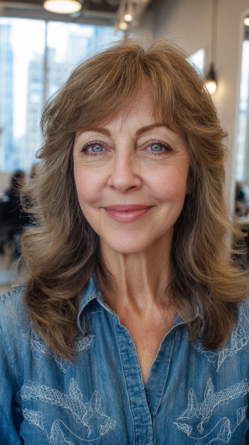 Soft Silver-Brown Mid-Length Shag with Apex Lift and Face-Framing Layers