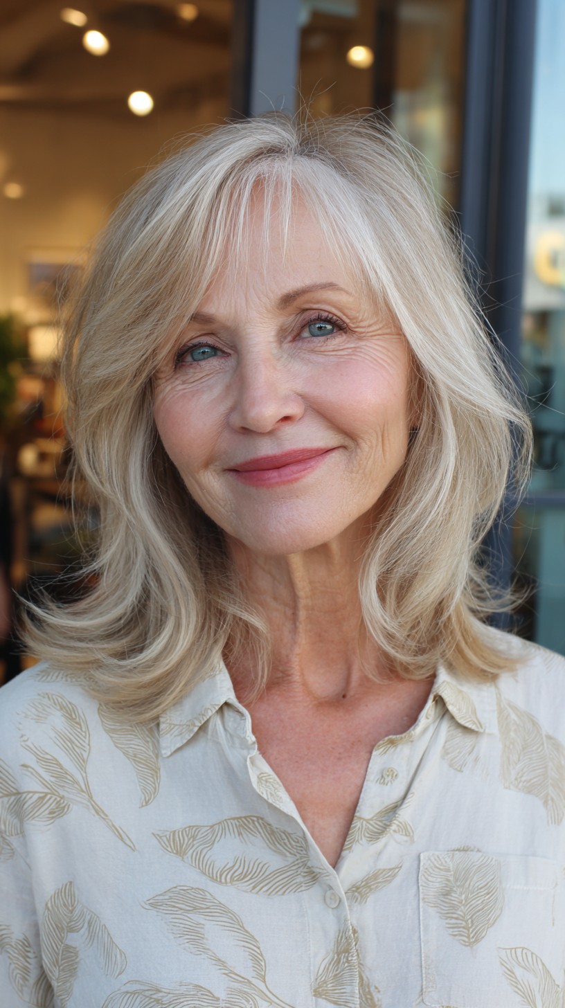 Soft Silver Face-Framing Mid-Length Lob with Feathered Ends