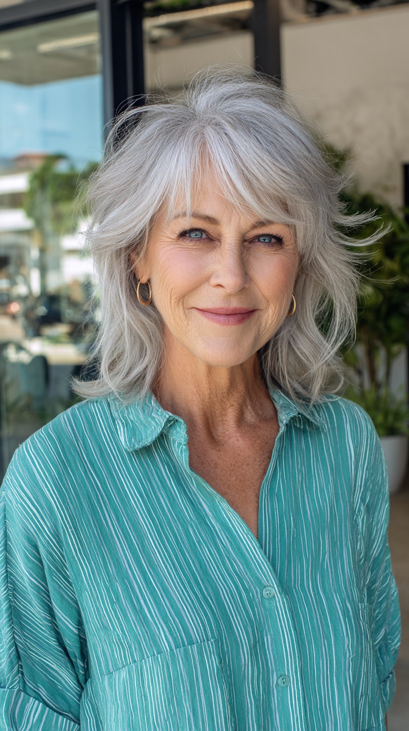 Soft Silver Layered Lob with Airy Crown Lift and Side-Swept Fringe