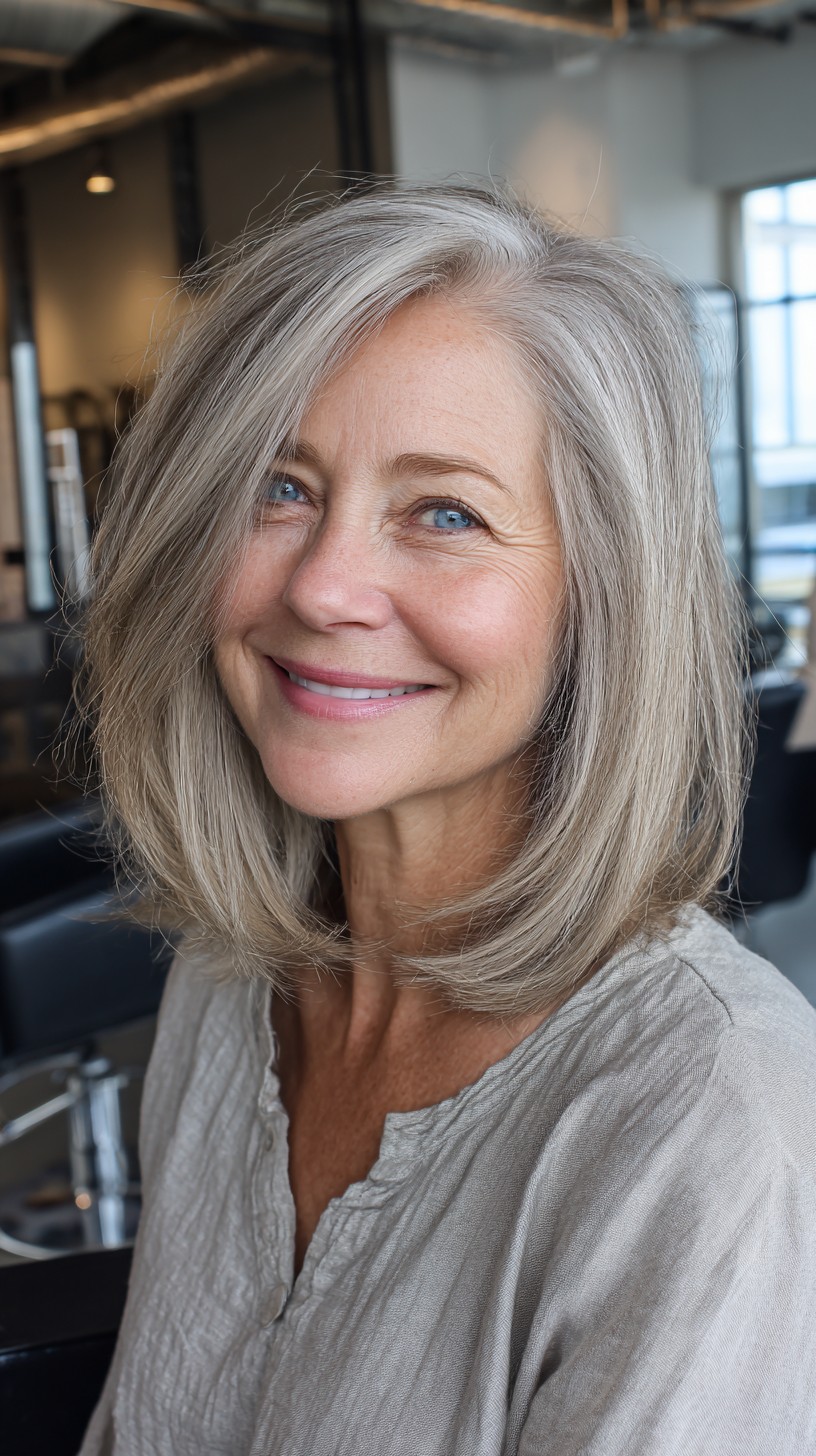 Soft Silver Layered Shoulder-Length Lob with Side-Swept Face-Framing Layers