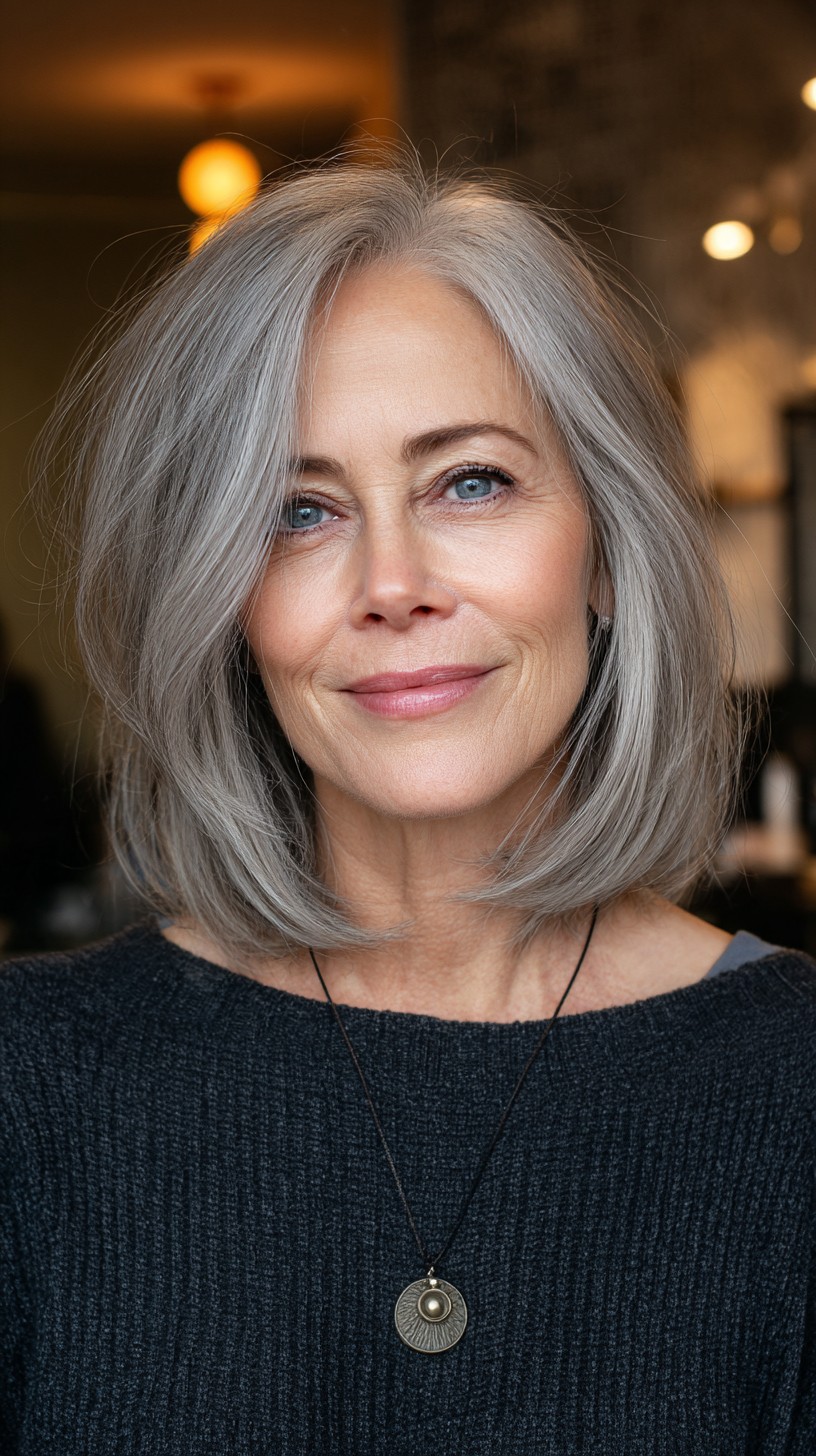 Soft Silver Shoulder-Length Layered Bob with Subtle Root Depth
