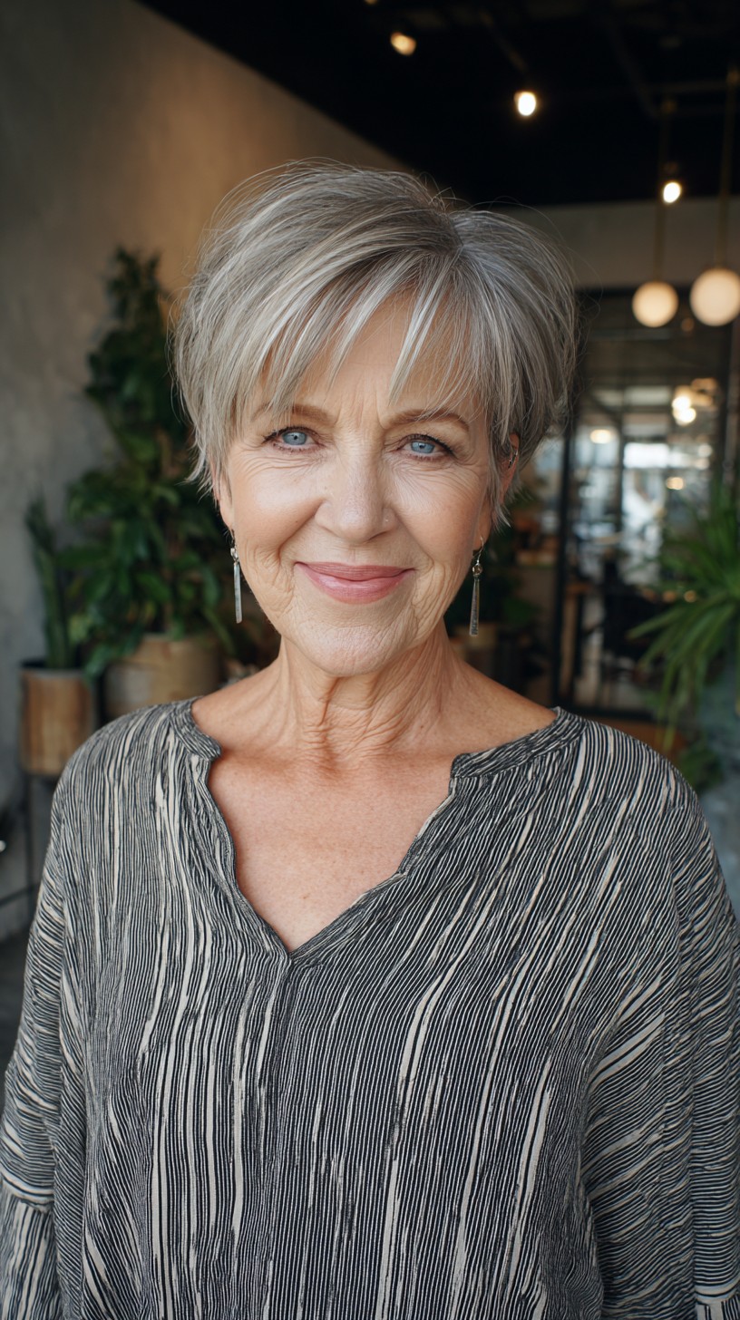 Soft Silver Stacked Pixie with Wispy Side Fringe