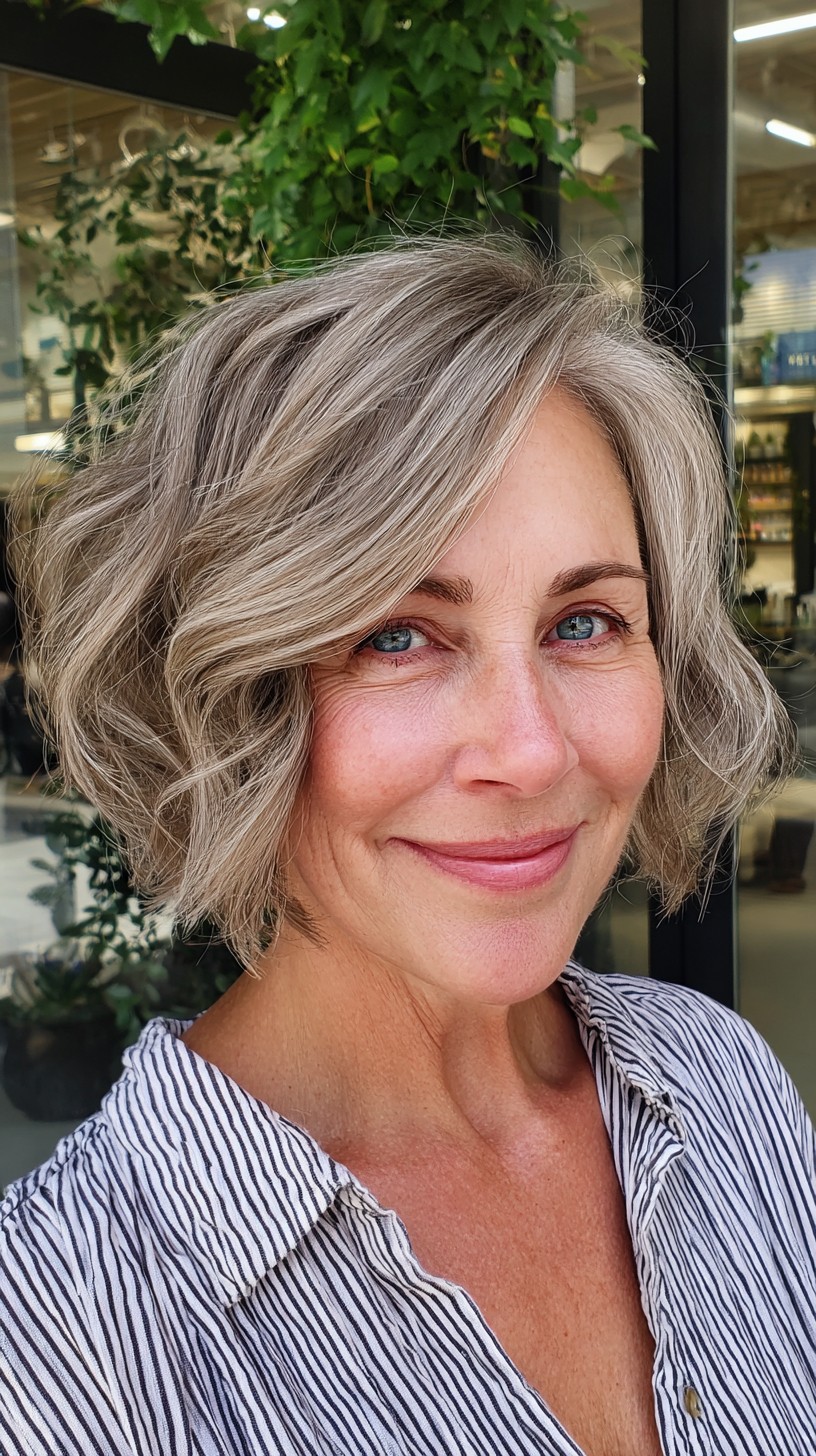 Soft Silver Textured Chin-Length Bob with Face-Framing Sweep