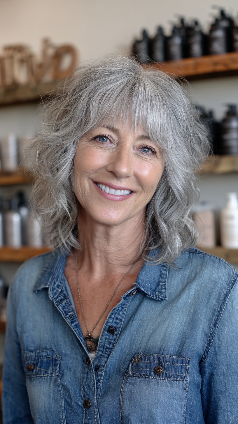 Soft Silver Textured Shoulder-Length Layers with Wispy Blunt Fringe