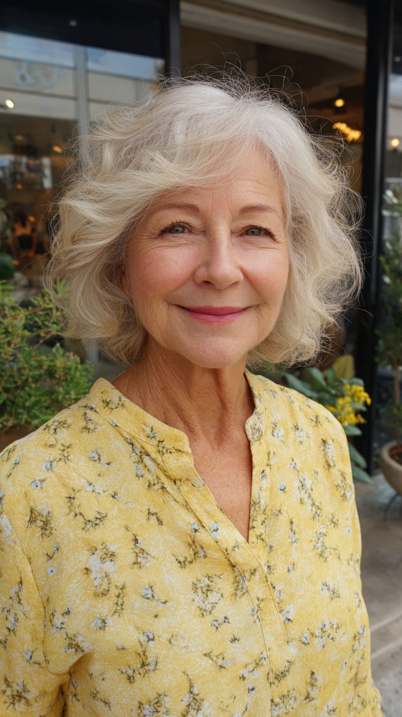 Soft Silver Wavy Chin-Length Layers with Natural Crown Lift