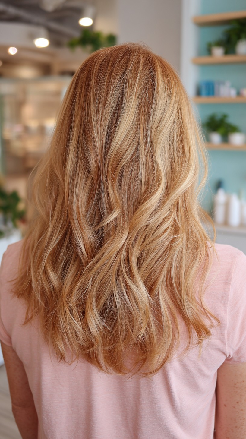 Soft Strawberry-Blonde Long Layers with Interior Taper