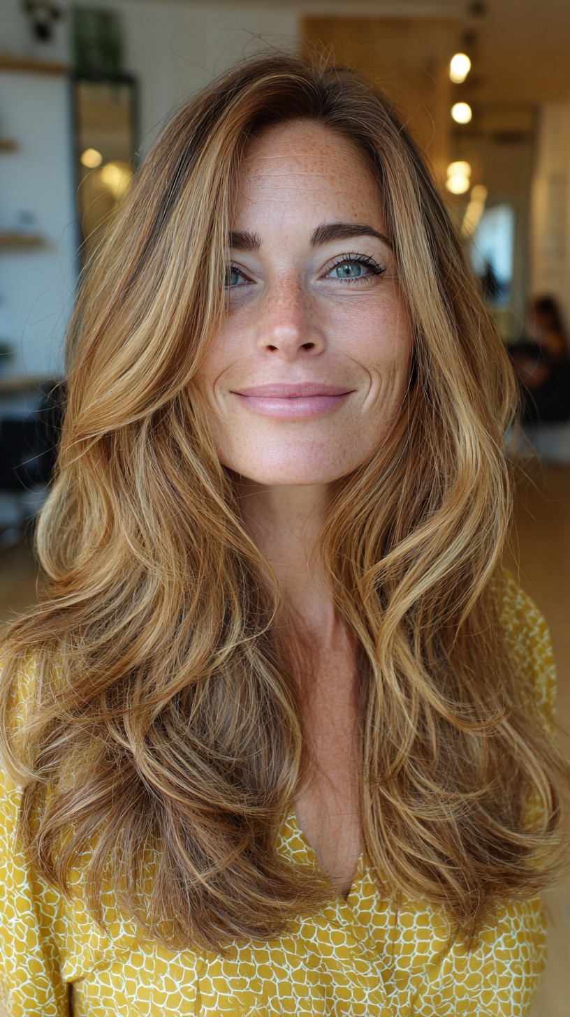 Sunlit Caramel Long Layers with Feathered Face‑Framing
