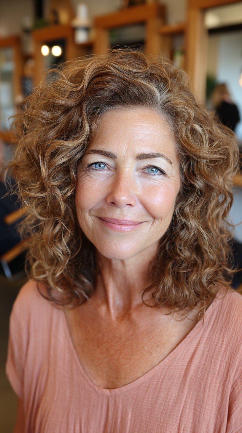 Sunlit Chestnut Curly Shoulder-Length Layers with Temple Silver Halo
