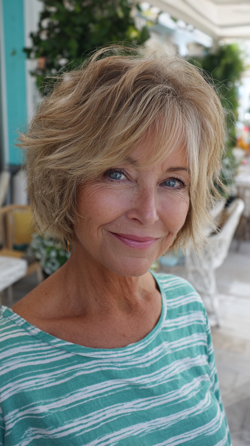 Sunlit Layered Ash-Blonde Short Bob with Wispy Fringe