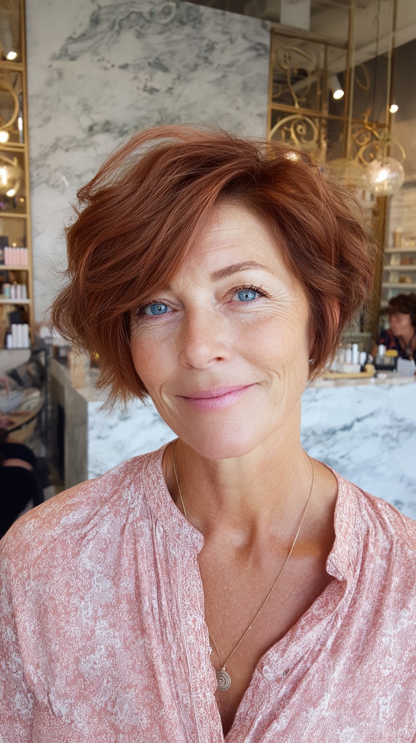 Textured Auburn Side-Swept Short Bob