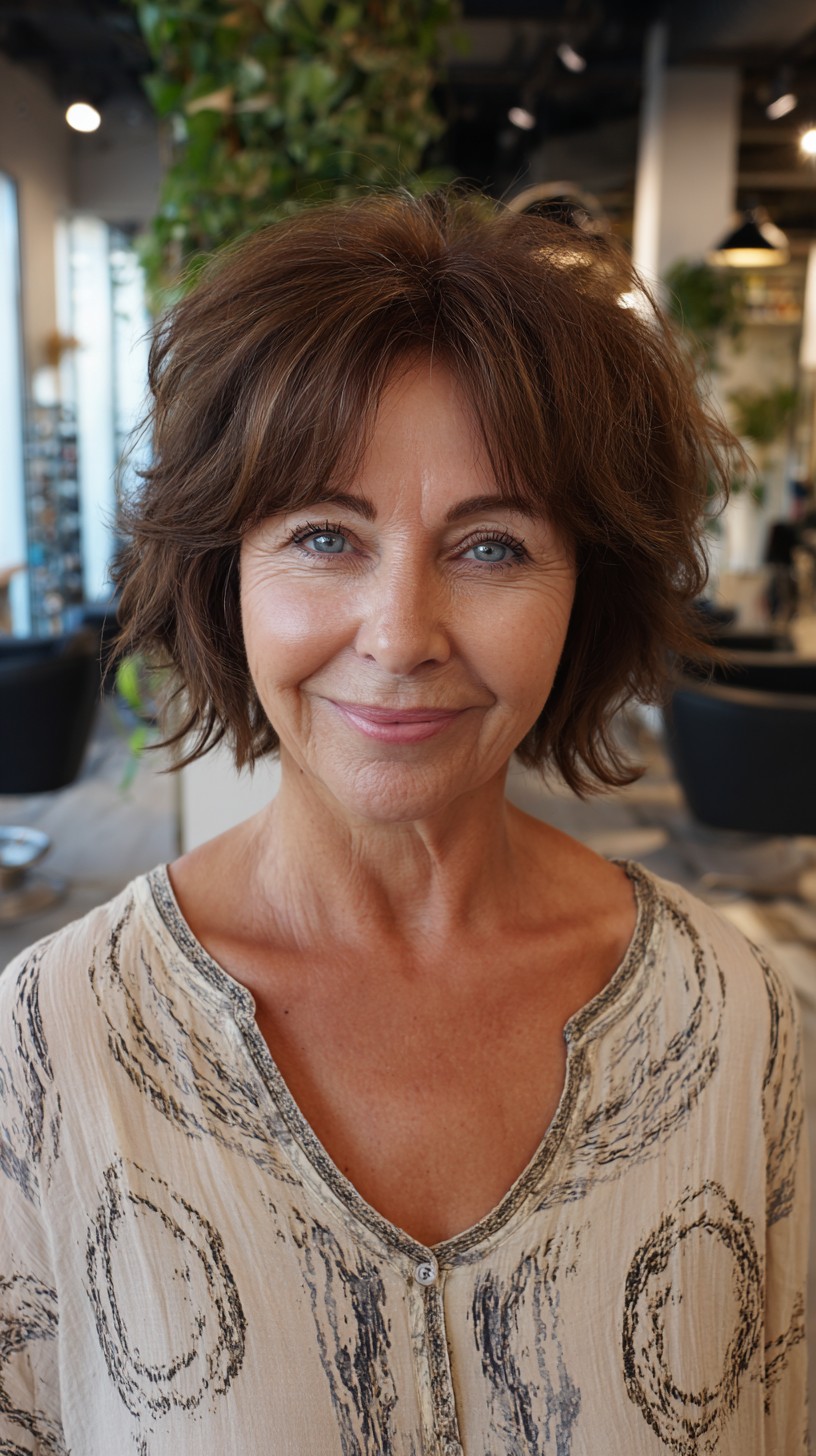 Textured Brunette Shaggy Chin-Length Cut with Soft Curtain Fringe