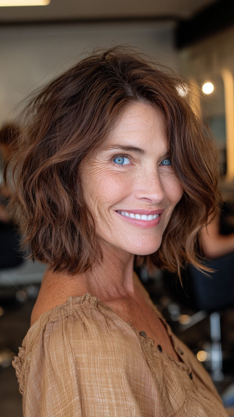 Textured Chestnut Shoulder-Grazing Layered Lob with Soft Face-Framing Pieces