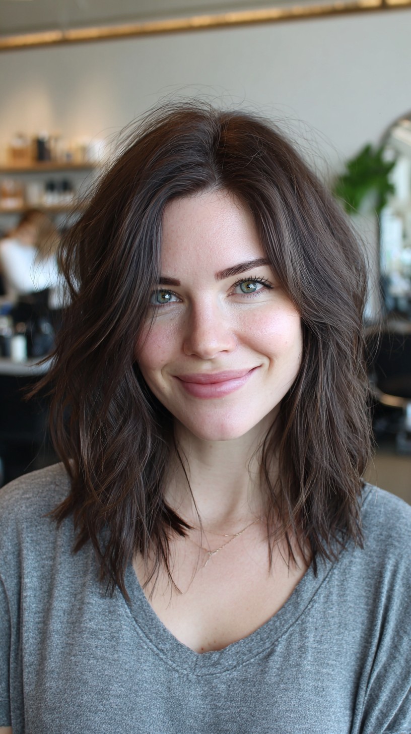 Textured Chocolate Lob with Face‑Framing Layers