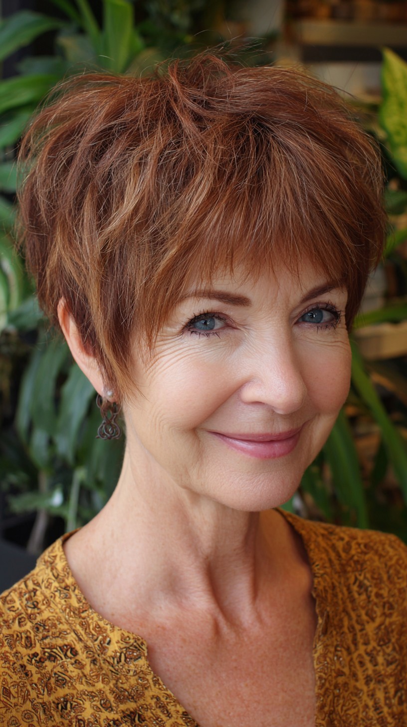 Textured Copper Short Pixie with Micro-Fringe and Crown Lift