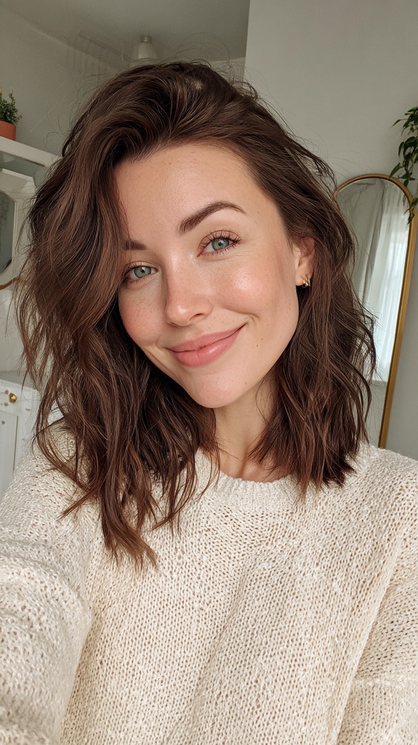 Textured Deep-Side Brunette Collarbone Lob with Soft Razor Layers