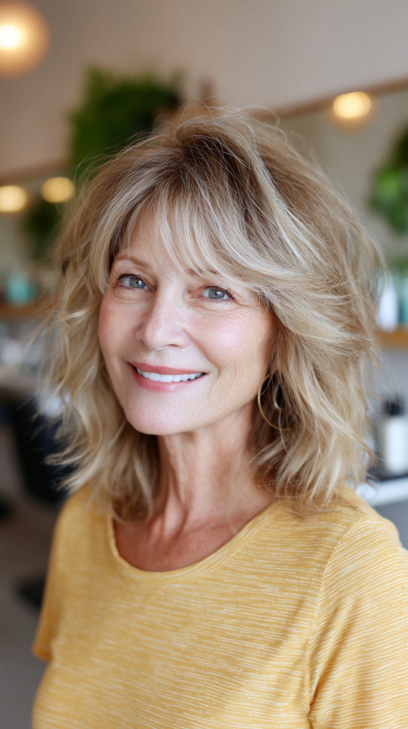 Textured Shoulder-Length Shag with Feathered Curtain Fringe